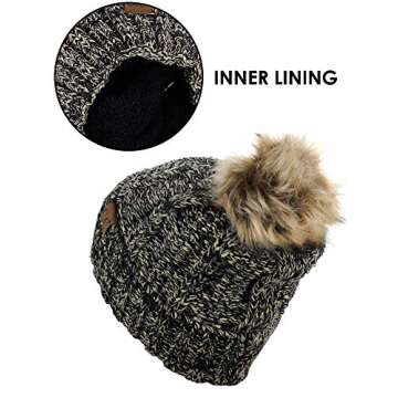 C.C Thick Cable Knit Faux Fuzzy Fur Pom Fleece Lined Skull Cap Cuff Beanie, 2 Tone Black/Dark Beige