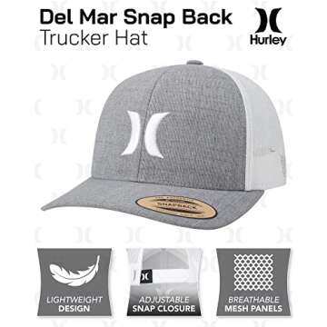 Hurley Men's Caps - Del Mar Mesh Panel Baseball Cap Trucker Hat - Snap Back Hats for Men, Cool Grey Heather