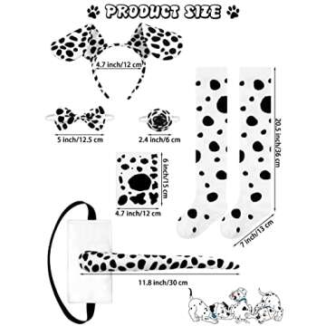 SOMSOC 8 Pieces Halloween Girl Dalmatian Dog Costume Set Halloween T-shirt Knee Socks Headband Tail Tattoo Stickers