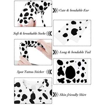 SOMSOC 8 Pieces Halloween Girl Dalmatian Dog Costume Set Halloween T-shirt Knee Socks Headband Tail Tattoo Stickers