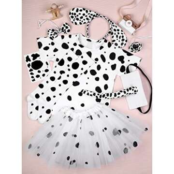 SOMSOC 8 Pieces Halloween Girl Dalmatian Dog Costume Set Halloween T-shirt Knee Socks Headband Tail Tattoo Stickers