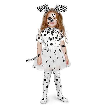 SOMSOC 8 Pieces Halloween Girl Dalmatian Dog Costume Set Halloween T-shirt Knee Socks Headband Tail Tattoo Stickers