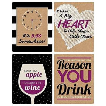 Big Dot of Happiness Teacher Appreciation - First and Last Day of School Gifts for Women and Men - Christmas Wine Bottle Label Stickers - Set of 4