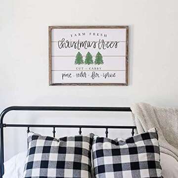 Sweet Water Decor Farm Fresh Christmas Trees Wood Sign 18x24" | Rustic Christmas Wall Art with Unique Distressed Wooden Frame | Farmhouse Holiday Decoration for Kitchen, Office, Living Room, and Home