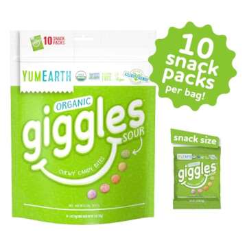 YumEarth Organic Sour Giggles Chewy Candy - Allergy Friendly (Top 9 Free), No Artificial Dyes or Flavors, Non GMO, Gluten Free, Vegan - Individually Wrapped Sour Snack Packs - 0.5 Ounce (Pack of 10)