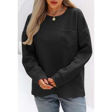 MEROKEETY Women's 2024 Fall Long Sleeve Oversized T Shirt Casual Crewneck Basic Textured Pullover Sweatshirt Tops, Black, Small