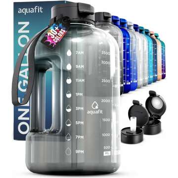 AQUAFIT 1 Gallon Water Bottle with Time Marker - Straw & Chug Lids - 128 oz Water Bottle with Straw - BPA Free Gym Water Bottle with Handle, Gallon Water Jug, Bike Water Bottles (Gray)