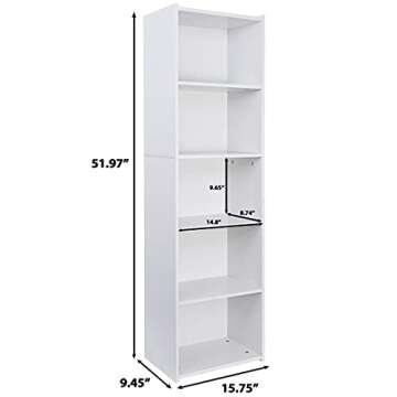 SUPER DEAL 5-Tier Bookshelf Narrow Bookcase Wood Cube Storage Shelf Freestanding Open Shelf Display Storage Organizer for Small Spaces Kids Bedroom Living Room Home Office Apartment, 52 Inch White