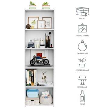 SUPER DEAL 5-Tier Bookshelf Narrow Bookcase Wood Cube Storage Shelf Freestanding Open Shelf Display Storage Organizer for Small Spaces Kids Bedroom Living Room Home Office Apartment, 52 Inch White