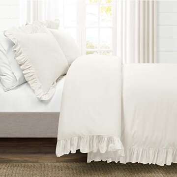 Lush Decor Reyna Ruffle 100% Cotton Duvet Cover Set - 3 Piece Cozy Ruffled Bedding Set - Timeless Elegance and Comfort - Full/ Queen, White