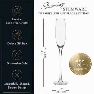 Champagne Flutes - 5 oz - Set of 4 Crystal Glass Flutes, Hand Blown Edge Champagne Glasses - Premium Crystal Champagne Glasses - Prosecco Wine Flute, Cocktail Glasses, Bar Glassware