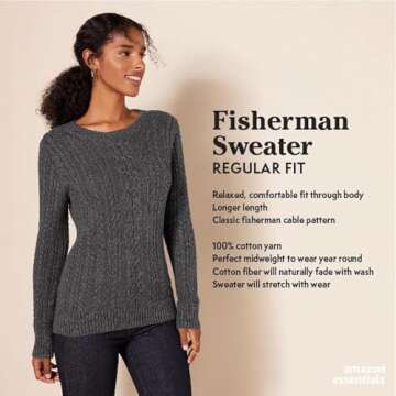 Amazon Essentials Women's Fisherman Cable Long-Sleeve Crewneck Sweater (Available in Plus Size), Black, X-Small