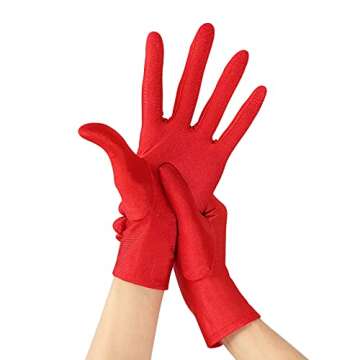 Womens Red Gloves Short Satin Stretchy Gloves Wrist Length Dancing Gloves Bridal Gown Gloves for 1920s Wedding Opera Party Adult Size