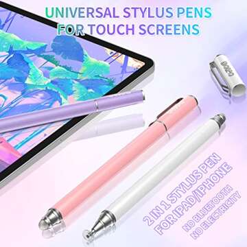 Stylus Pens for Touch Screens (3 Pcs), 2 in 1 Stylus Pen for iPad High Sensitivity & Precision Capacitive Stylus Compatible with Apple iPhone, iPad, Android, Tablets, Samsung (White/PK/Purple)