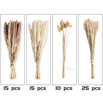 65PCS Pampas Grass Decor, Including pompas Floral, Reed Dried Grass and Bunny Tails Dried Flowers, Natural Dried Pampas Grass Bouquet for Boho Decor Wedding, Home Decoration