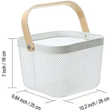 AJIODA Metal Mesh Steel Basket, Storage Organizer Basket Multi-functional Hanging Kitchen Baskets Fruit Basket Bin with Bamboo Handle for Kitchen Bathroom Picnic Shopping Decor Cabinet Home, White