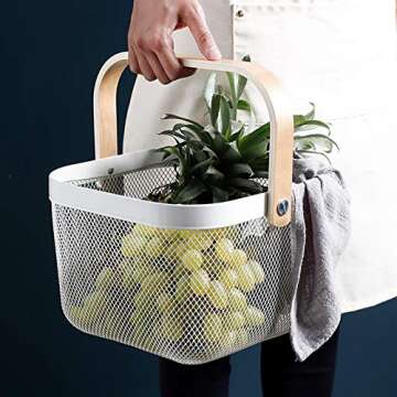 AJIODA Metal Mesh Steel Basket, Storage Organizer Basket Multi-functional Hanging Kitchen Baskets Fruit Basket Bin with Bamboo Handle for Kitchen Bathroom Picnic Shopping Decor Cabinet Home, White