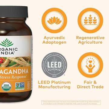 ORGANIC INDIA Ashwagandha Capsules - Organic Ashwagandha Supplement - Vegan Ashwagandha Root, Gluten-Free, Kosher, Non-GMO, Supports Stress Relief, Energy, and Sleep - 90 Capsules