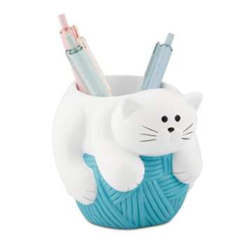 Adorable Kitty Cat Pen Holder in White and Turquoise