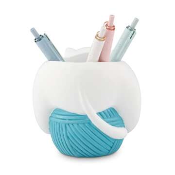 Adorable Kitty Cat Pen Holder in White and Turquoise