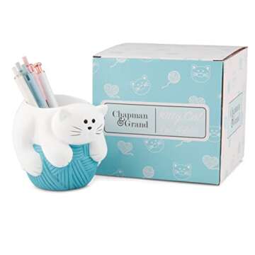 Adorable Kitty Cat Pen Holder in White and Turquoise