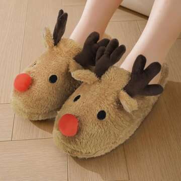 Cute Animal Warm Faux Fur House Slippers for Women Ladies Girls Funny Christmas Costume Accessories Reindeer Antler Fuzzy Indoor Home Shoes Memory Foam Non-slip Winter Plush Cozy Bedroom Slippers