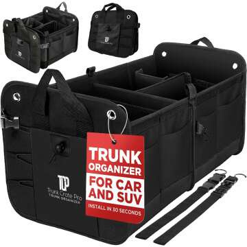 TRUNKCRATEPRO Trunk Organizer For Car, Suv, Truck | Premium Adjustable Multi Compartments Collapsible Car Trunk Organizer With Securing Straps & Non-Slip Bottom (Large Size, Black)