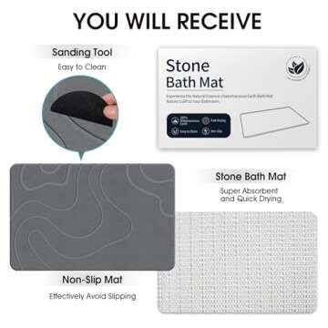 ZIKIBL Stone Bath Mat Diatomaceous Earth Shower Mat Non-Slip Super Absorbent Diatomite Stone Mats for Bathroom Floor Quick-Drying Easy to Clean (24''*16'' Grey)