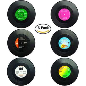 Set of 6 Cute Retro Vinyl Coasters - Funny Record Decoration Disk Furniture - Creative Drinks Equipment Music Ideas for Bar, Home, Restaurant, Apartment, Room - Mini Decor Drink Cup Stuff Holder Tool