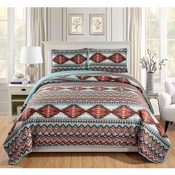 Rugs 4 Less Rustic Southwestern Quilt Stitched Western Bedspread Bedding Set with Tribal Native American Patterns - Utah (Turquoise, King - California King)