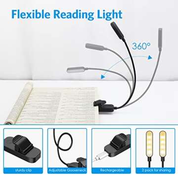 AMIR Newest Clip on Rechargeable Book Light, 8 LED Book Light for Reading in Bed with Adjustable Brightness, 3 Colors Clip-on Eye Care Reading Light, Perfect for Readers & Kids (2 Pack)