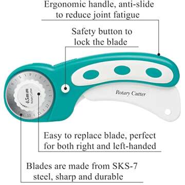 45mm Rotary Cutter with 5pcs Extra Blades, Ergonomic Handle Rolling Cutter with Safety Lock for Fabric, Leather, Crafting, Sewing, Quilting, Fabric Rotary Cutter Perfect for Left & Right Hand (Green)