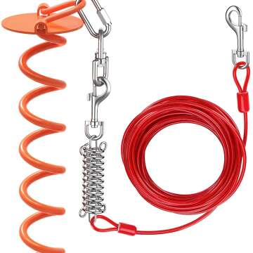 Pawaboo Dog Tie Out Cable and Stake, Rustproof Dog Yard Leash with Stake, Outdoor Ground Spiral Anchor, 360° No Tangle Cable with Swivel Ring for dogs, Sturdy Dog Chain Leash for Camping Yard - Orange