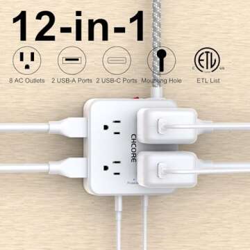 Surge Protector Power Strip - CHCORE 5 Ft Braided Extension Cord with 8 Outlets with 4 USB (2 USB C) Charging Ports, Flat Plug Multi Plug Outlet Extender Charging Station for Home Office, ETL, White