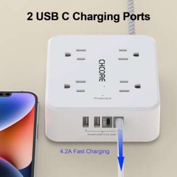 Surge Protector Power Strip - CHCORE 5 Ft Braided Extension Cord with 8 Outlets with 4 USB (2 USB C) Charging Ports, Flat Plug Multi Plug Outlet Extender Charging Station for Home Office, ETL, White