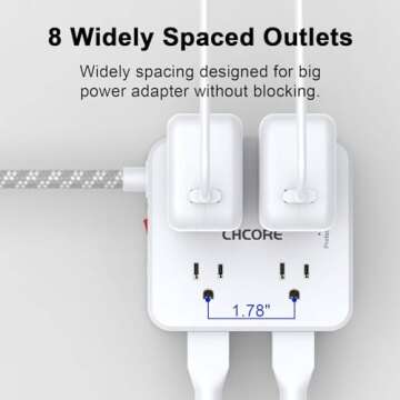 Surge Protector Power Strip - CHCORE 5 Ft Braided Extension Cord with 8 Outlets with 4 USB (2 USB C) Charging Ports, Flat Plug Multi Plug Outlet Extender Charging Station for Home Office, ETL, White