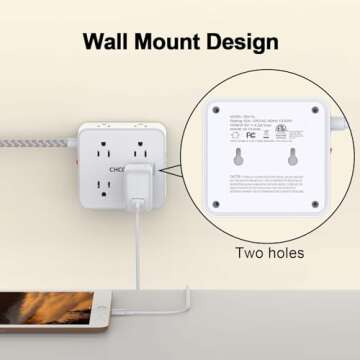 Surge Protector Power Strip - CHCORE 5 Ft Braided Extension Cord with 8 Outlets with 4 USB (2 USB C) Charging Ports, Flat Plug Multi Plug Outlet Extender Charging Station for Home Office, ETL, White