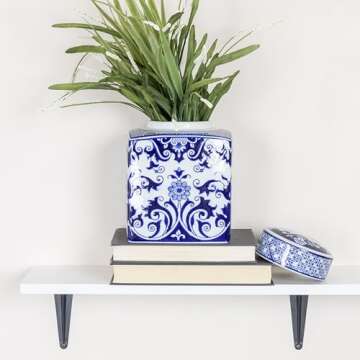 Blue and White Floral Ceramic Ginger Jar with Lid