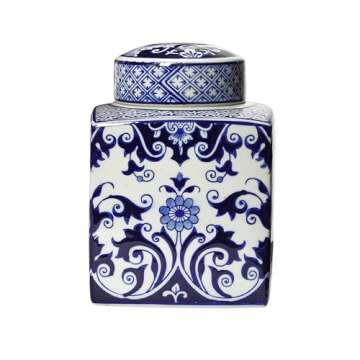 Blue and White Floral Ceramic Ginger Jar with Lid