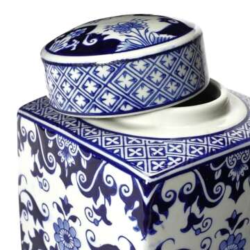 Blue and White Floral Ceramic Ginger Jar with Lid