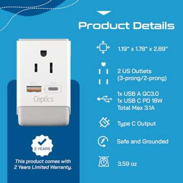 Ceptics European Plug Adapter, International Power Plug with USB & USB-C - 2 USA Socket, QC 3.0 & PD -Type C Outlet Adaptor Charger for Spain France Germany Greece Turkey Portugal, Fast Charging