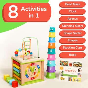 TOYVENTIVE Wooden Activity Cube, Montessori Toys for 1+ Year Old Girl, Multipurpose Educational Sensory Toy for Baby