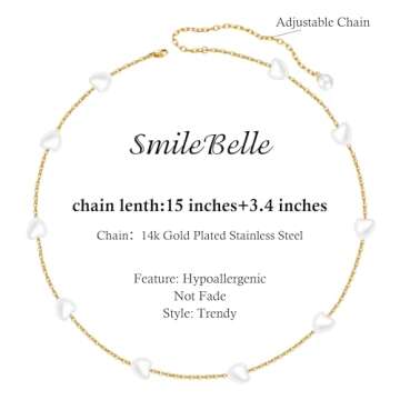 SmileBelle Gold Pearl Necklace, Heart Necklace as Pearl Jewelry Dainty Pearl Choker for Women, Summer Jewelry Gold and Pearl Necklace for Anniversary Gifts White Pearl Necklace as Wedding Jewelry