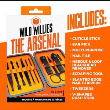 Wild Willies Mens Grooming Kit - 10-Piece Multifunctional Pedicure & Manicure Kit for Women & Men - Personal Hygiene Kit includes Tweezers & Nail Clipper Set, Scissors, Scraping Tool, & More