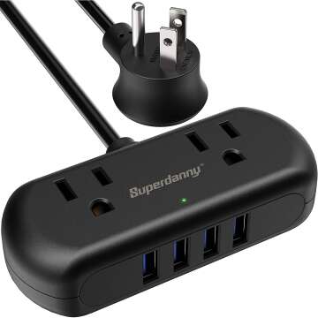 Power Strip with USB, SUPERDANNY Mini Surge Protector with 2 Wide-Spaced Outlets & 4 USB Ports, 5 Ft Extension Cord, Flat Plug, Compact Size Desktop Charging Station for Travel, Home, Office, Black