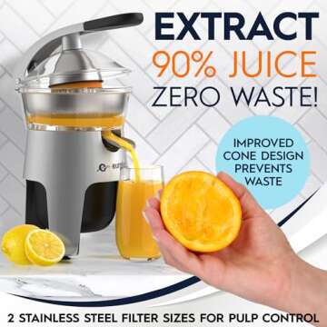 Eurolux Die Cast Stainless Steel Electric Citrus Juicer Squeezer, for Orange, Lemon, Grapefruit | 300 Watts of Power, With 2 Stainless Steel Filter Sizes for Pulp Control (Renewed)