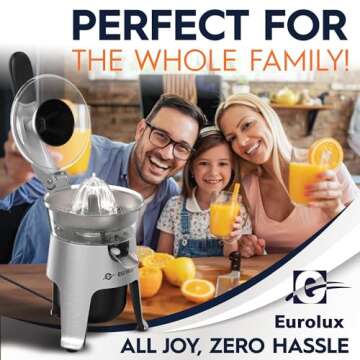 Eurolux Die Cast Stainless Steel Electric Citrus Juicer Squeezer, for Orange, Lemon, Grapefruit | 300 Watts of Power, With 2 Stainless Steel Filter Sizes for Pulp Control (Renewed)