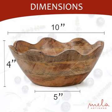 Mela Artisans Wooden Scalloped Bowl - Medium | Ruffle Decorative Style | Rustic Kitchen Decor | Mango Wood | Natural Grain Finish | Fits Bread, Fruits, Salad or Popcorn | 10” x 4” x 9”