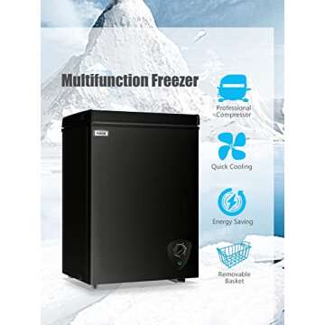 Chest Freezer Small Freezer Black Deep Freezers 3.5 Cu.Ft Compact Freezer Free-Standing Top Door Freezer Adjustable 7 Thermostat and Removable Basket Open Deep Freezer Energy Saving Apartment Kitchen