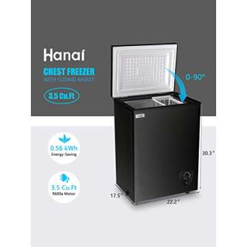 Chest Freezer Small Freezer Black Deep Freezers 3.5 Cu.Ft Compact Freezer Free-Standing Top Door Freezer Adjustable 7 Thermostat and Removable Basket Open Deep Freezer Energy Saving Apartment Kitchen